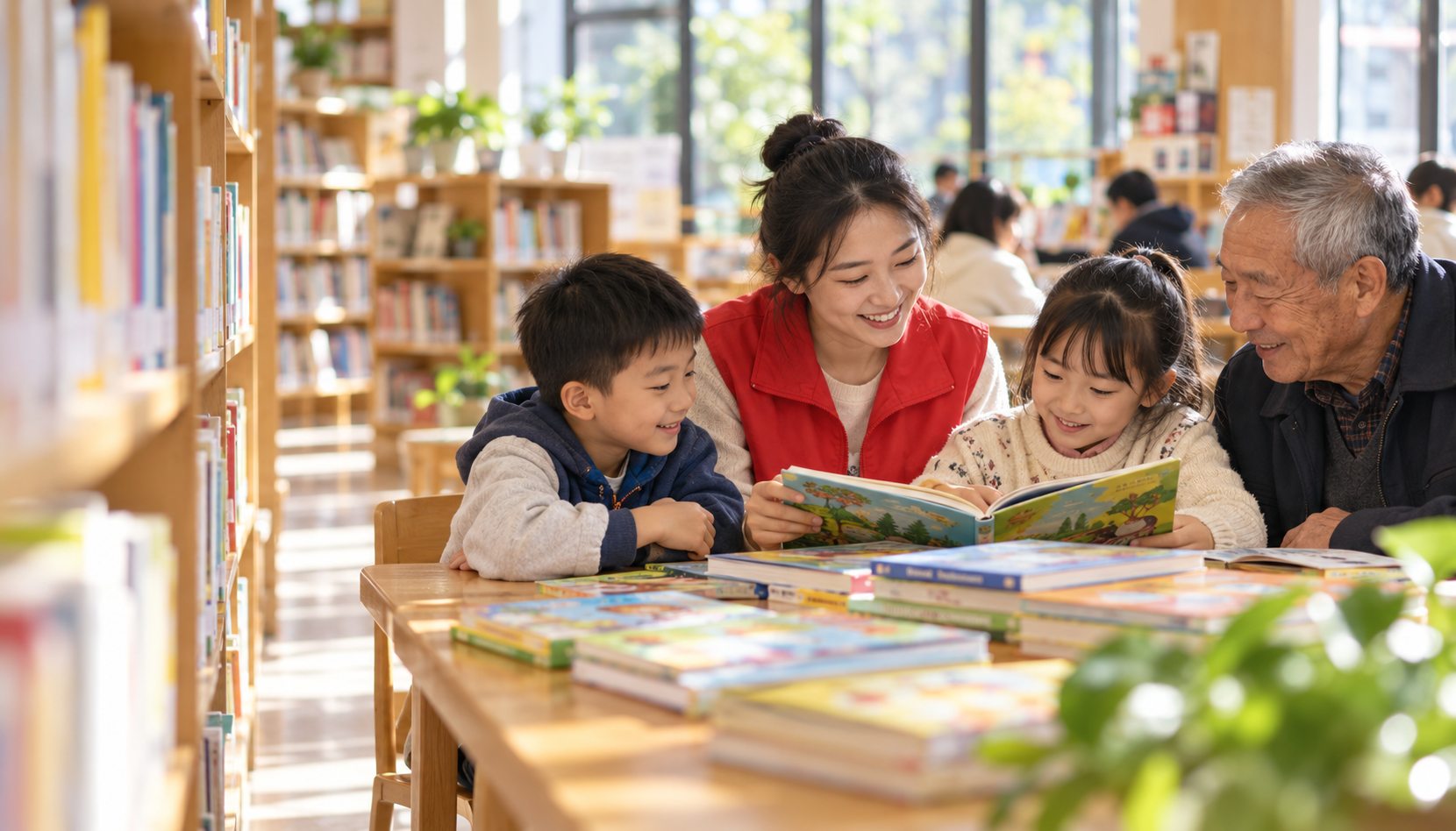 社区阅读主题配图：志愿者与孩子、长者一起阅读